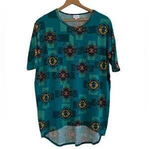 Lularoe Irma Blue and Green Short Sleeve Aztec Print T-Shirt Size Small